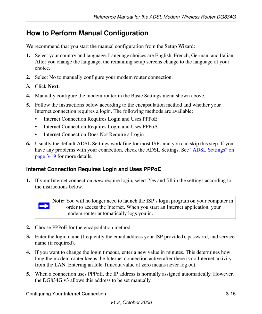 NETGEAR DG834G manual How to Perform Manual Configuration, Internet Connection Requires Login and Uses PPPoE 