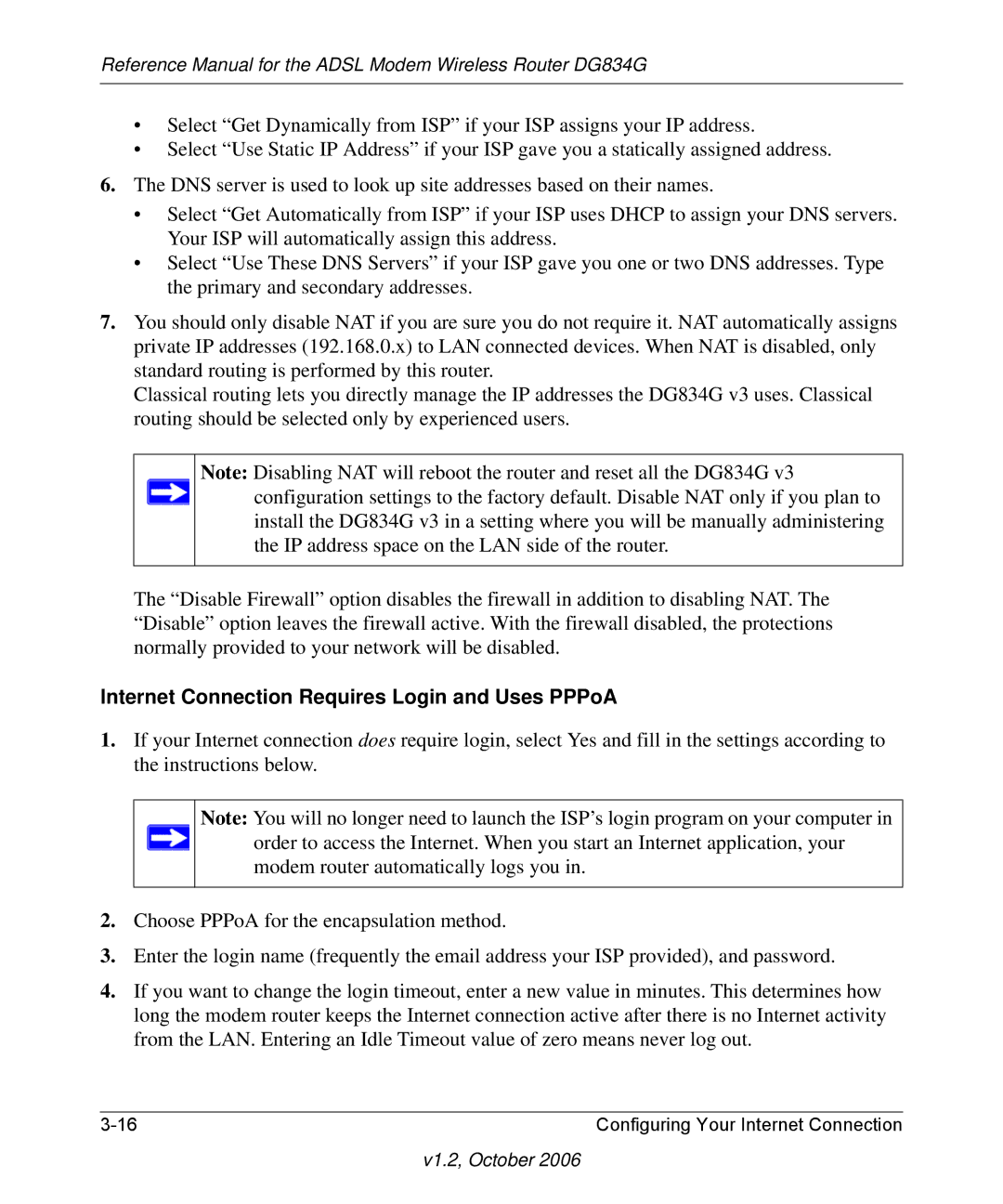 NETGEAR DG834G manual Internet Connection Requires Login and Uses PPPoA 