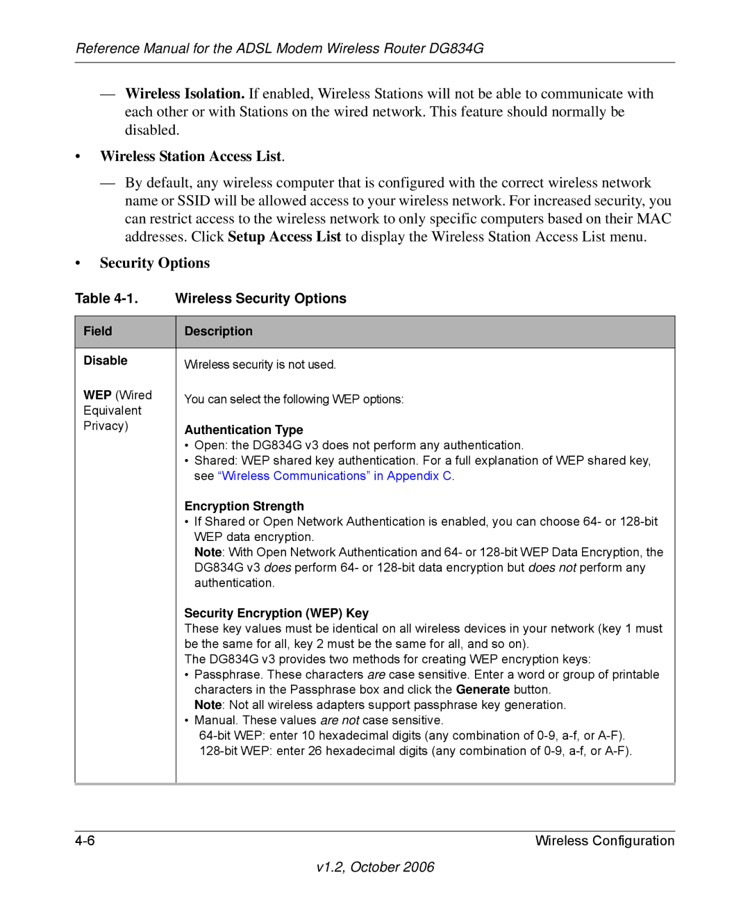 NETGEAR DG834G manual Wireless Station Access List, Security Options 