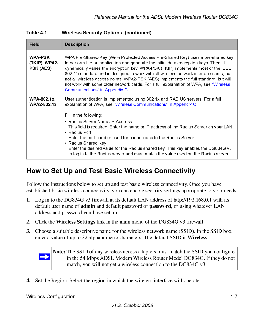 NETGEAR DG834G manual How to Set Up and Test Basic Wireless Connectivity, Psk Aes 