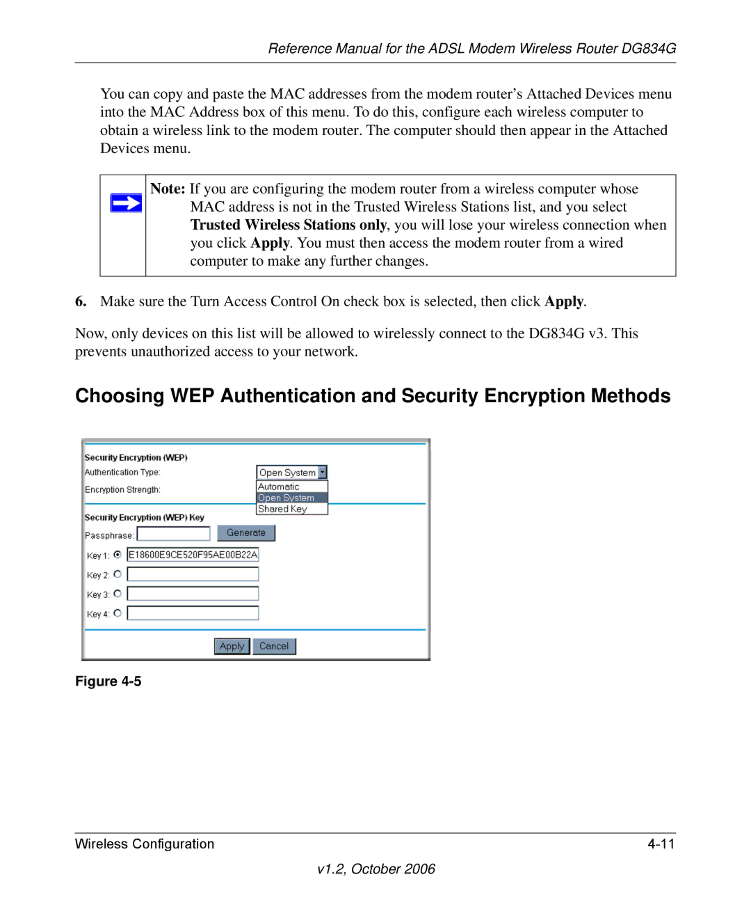 NETGEAR DG834G manual Choosing WEP Authentication and Security Encryption Methods 