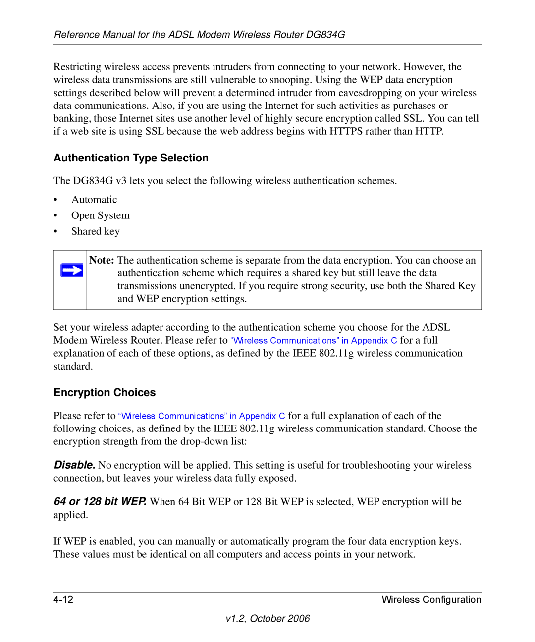 NETGEAR DG834G manual Authentication Type Selection, Encryption Choices 