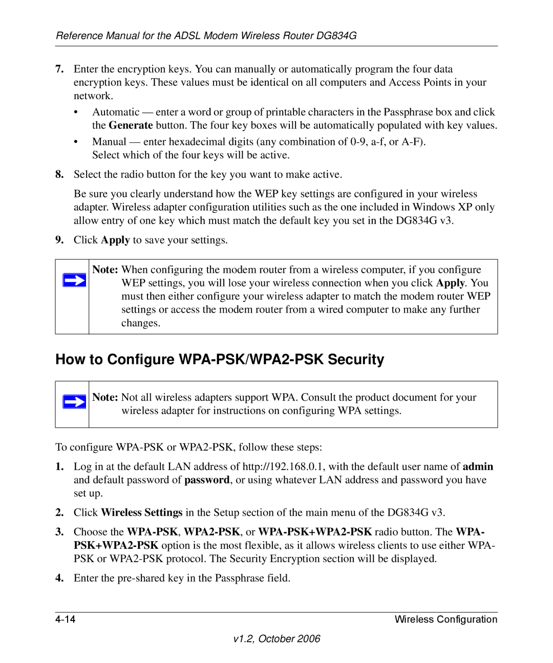 NETGEAR DG834G manual How to Configure WPA-PSK/WPA2-PSK Security, Enter the pre-shared key in the Passphrase field 