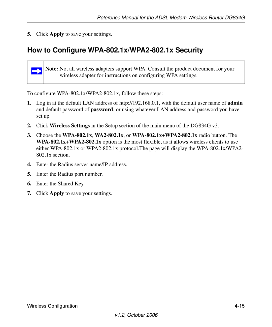 NETGEAR DG834G manual How to Configure WPA-802.1x/WPA2-802.1x Security 