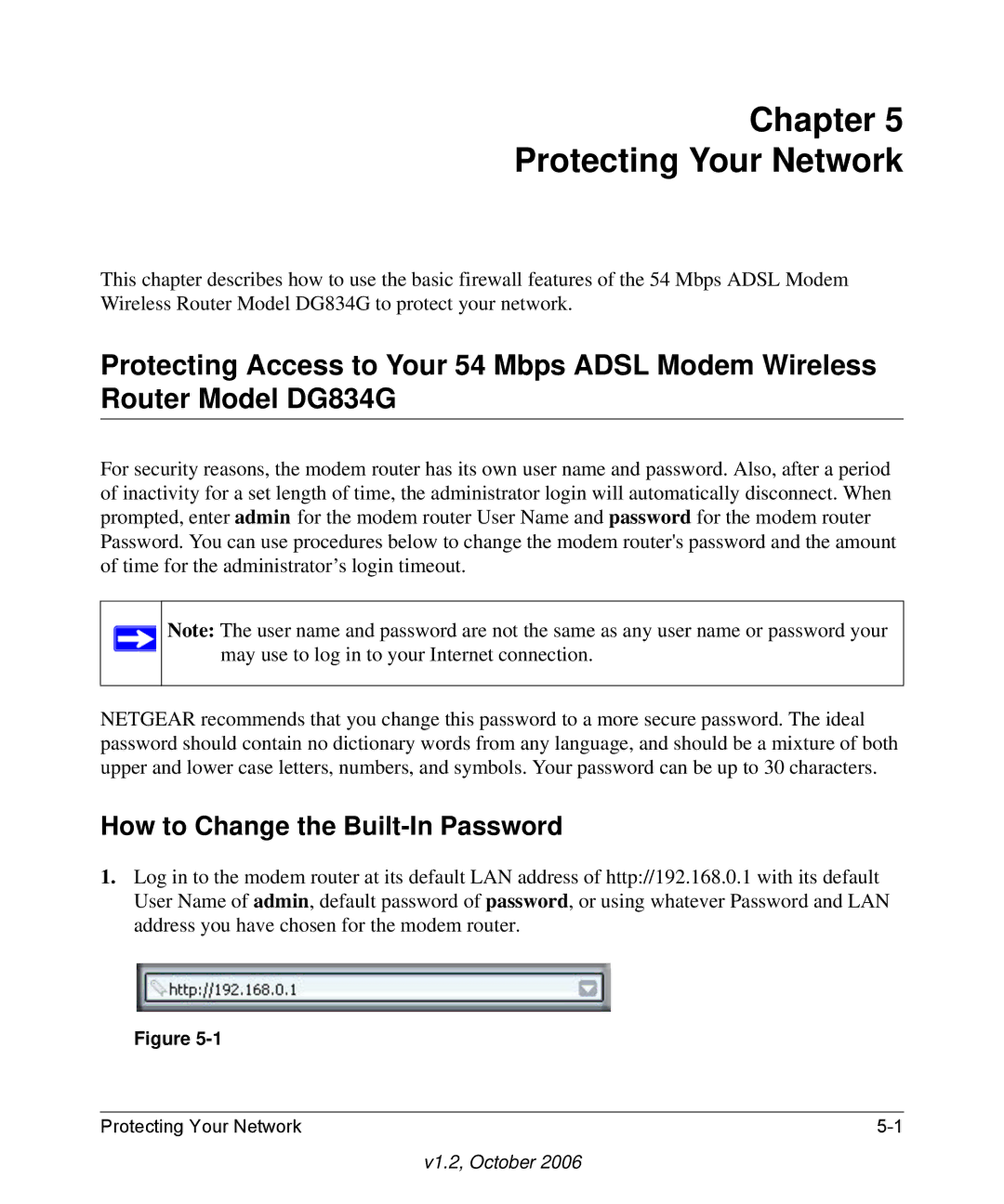 NETGEAR DG834G manual Chapter Protecting Your Network, How to Change the Built-In Password 