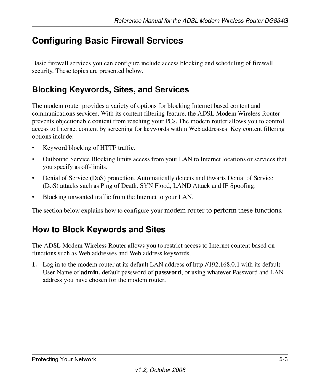 NETGEAR DG834G manual Configuring Basic Firewall Services, Blocking Keywords, Sites, and Services 