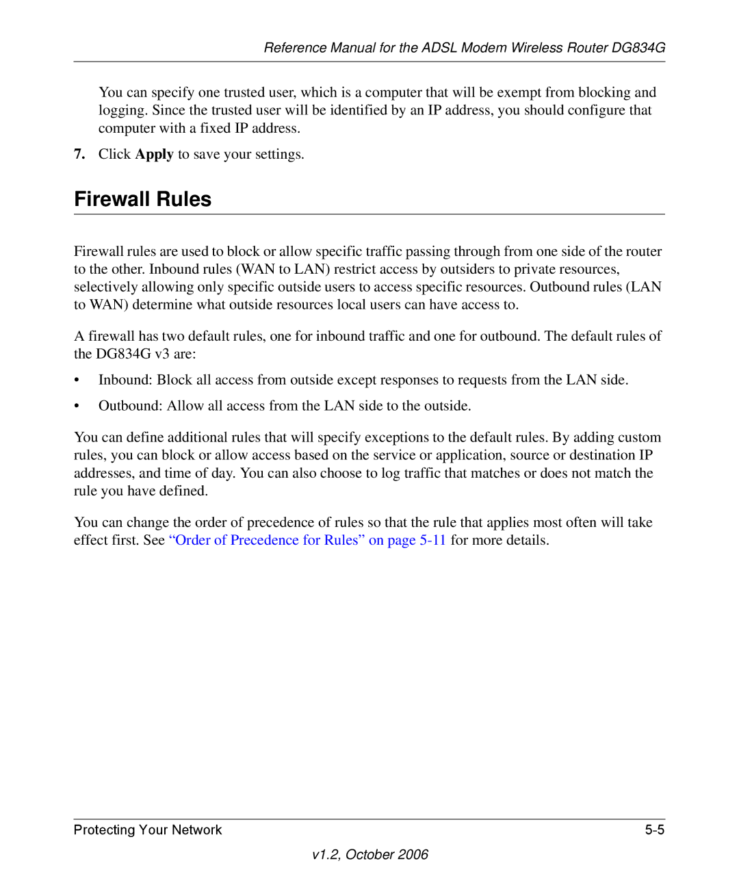 NETGEAR DG834G manual Firewall Rules 