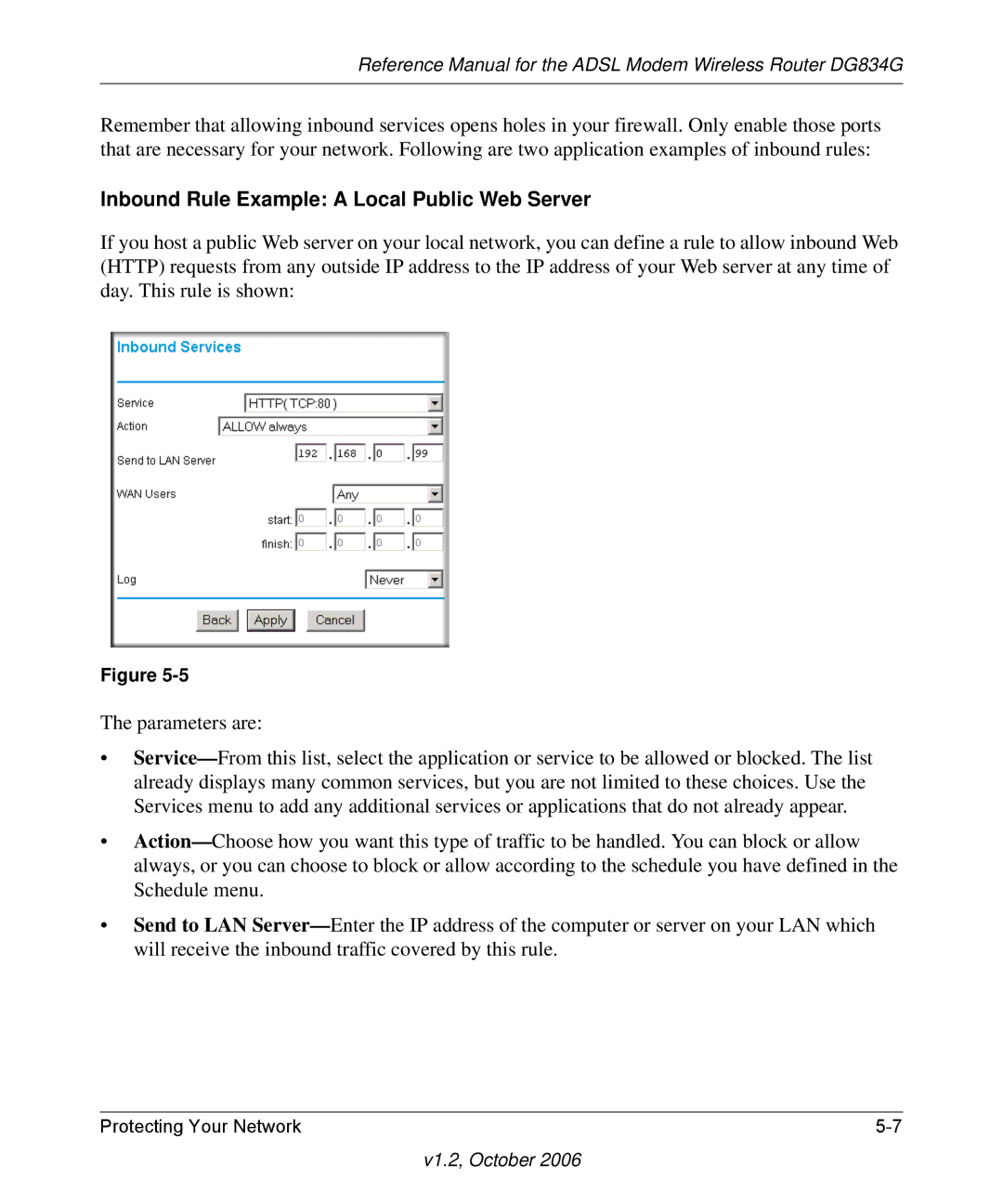 NETGEAR DG834G manual Inbound Rule Example a Local Public Web Server 