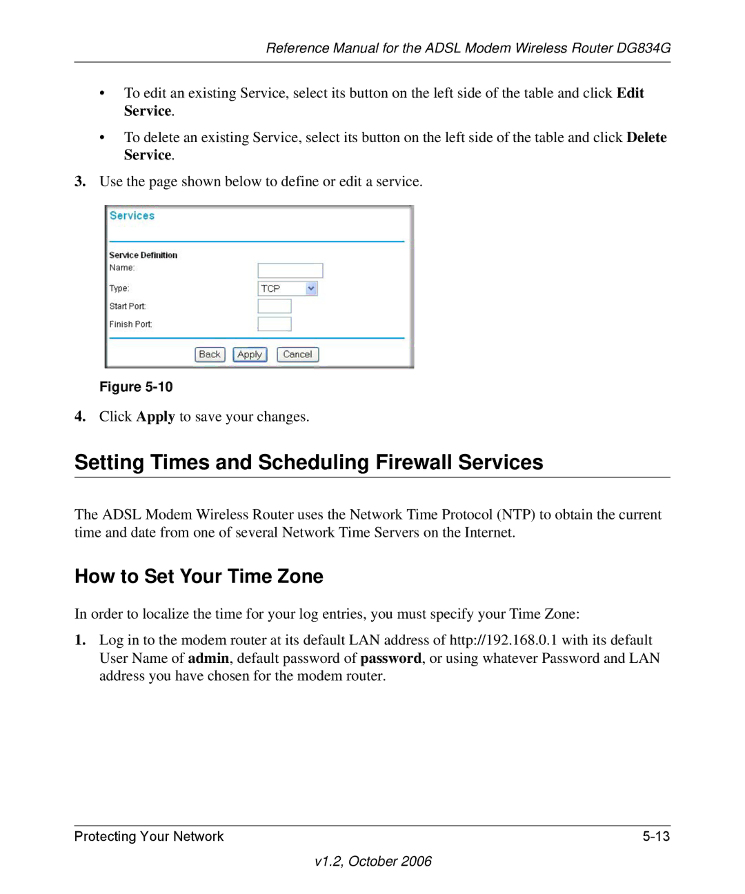 NETGEAR DG834G manual Setting Times and Scheduling Firewall Services, How to Set Your Time Zone 