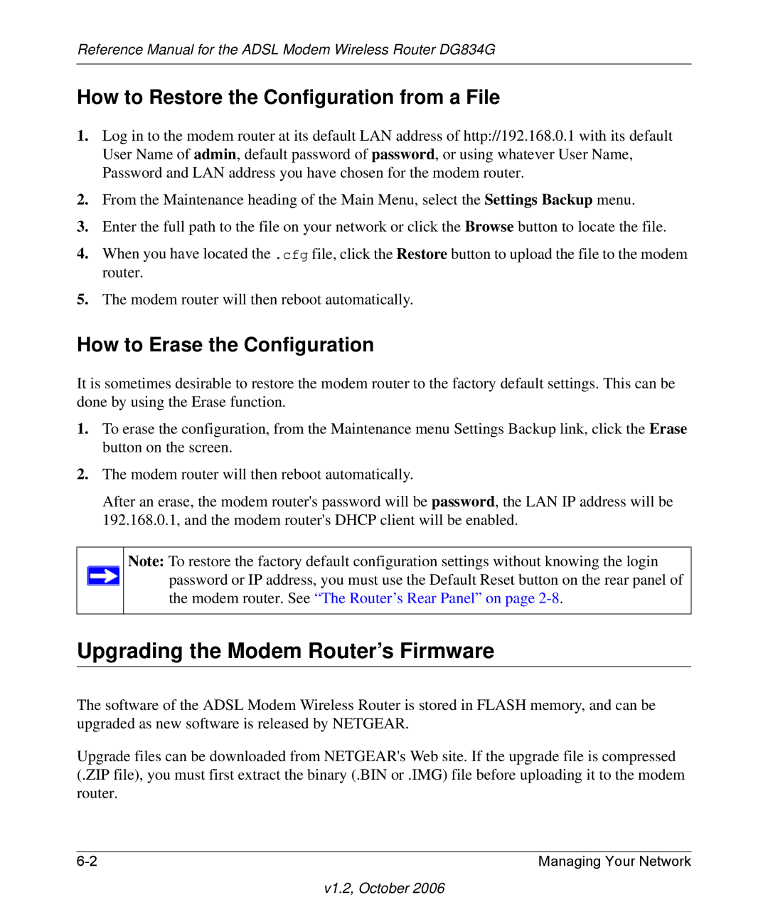 NETGEAR DG834G manual Upgrading the Modem Router’s Firmware, How to Restore the Configuration from a File 