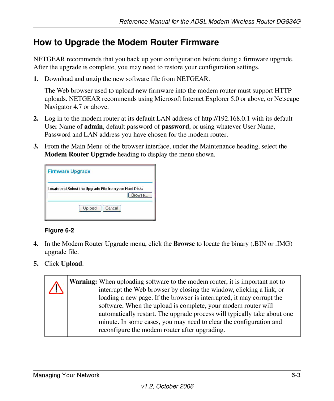 NETGEAR DG834G manual How to Upgrade the Modem Router Firmware 