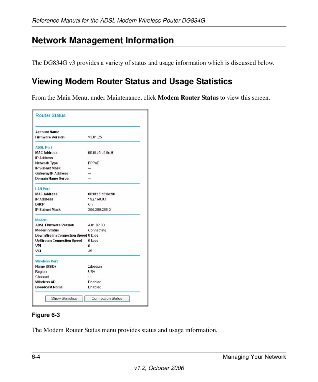 NETGEAR DG834G manual Network Management Information, Viewing Modem Router Status and Usage Statistics 