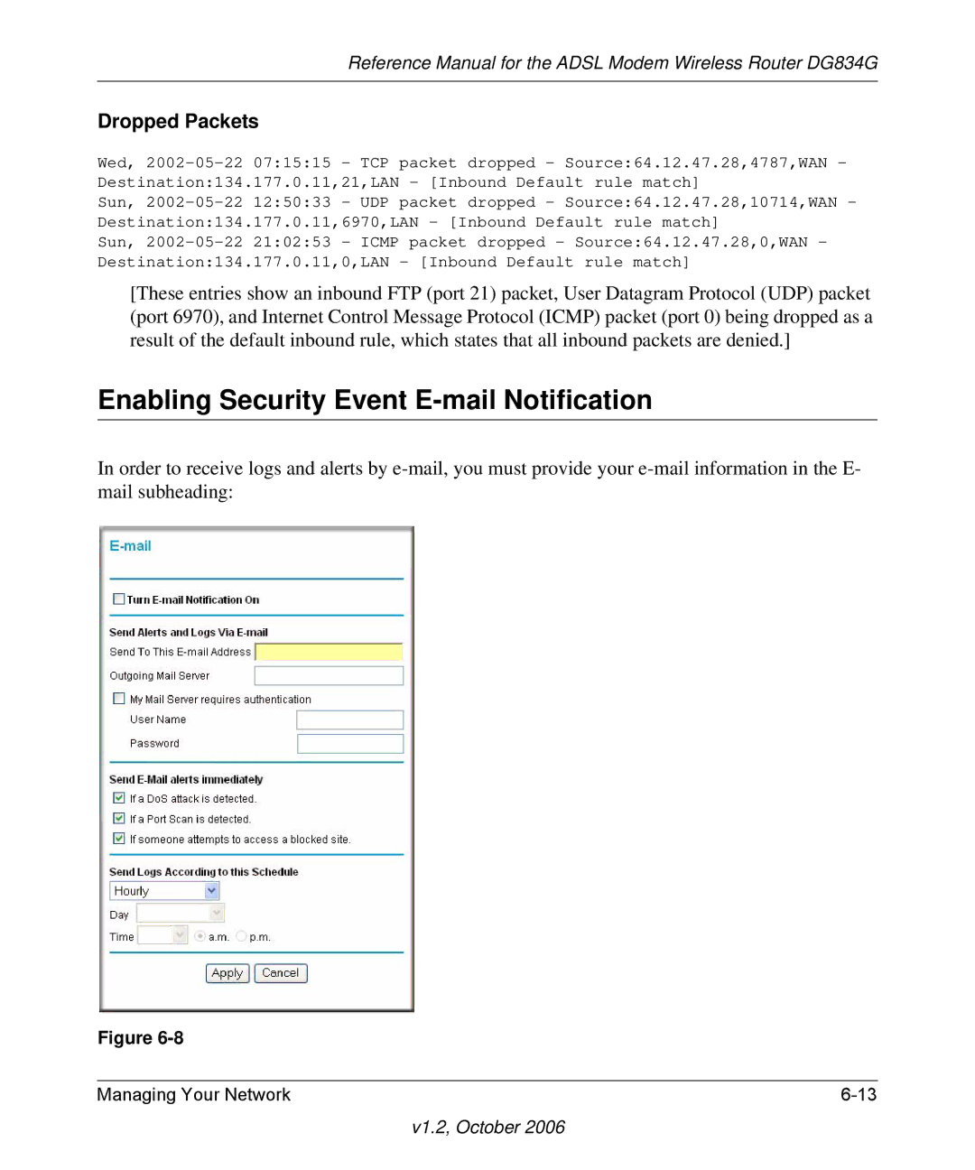 NETGEAR DG834G manual Enabling Security Event E-mail Notification, Dropped Packets 