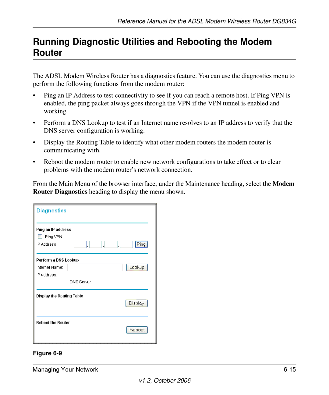 NETGEAR DG834G manual Running Diagnostic Utilities and Rebooting the Modem Router 