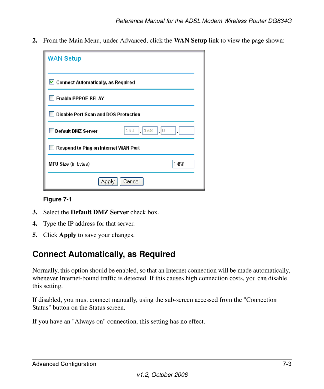 NETGEAR DG834G manual Connect Automatically, as Required 