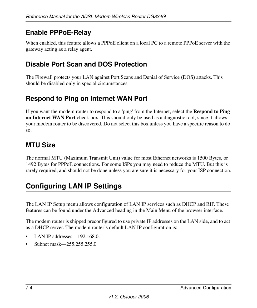 NETGEAR DG834G manual Configuring LAN IP Settings, Enable PPPoE-Relay, Disable Port Scan and DOS Protection, MTU Size 