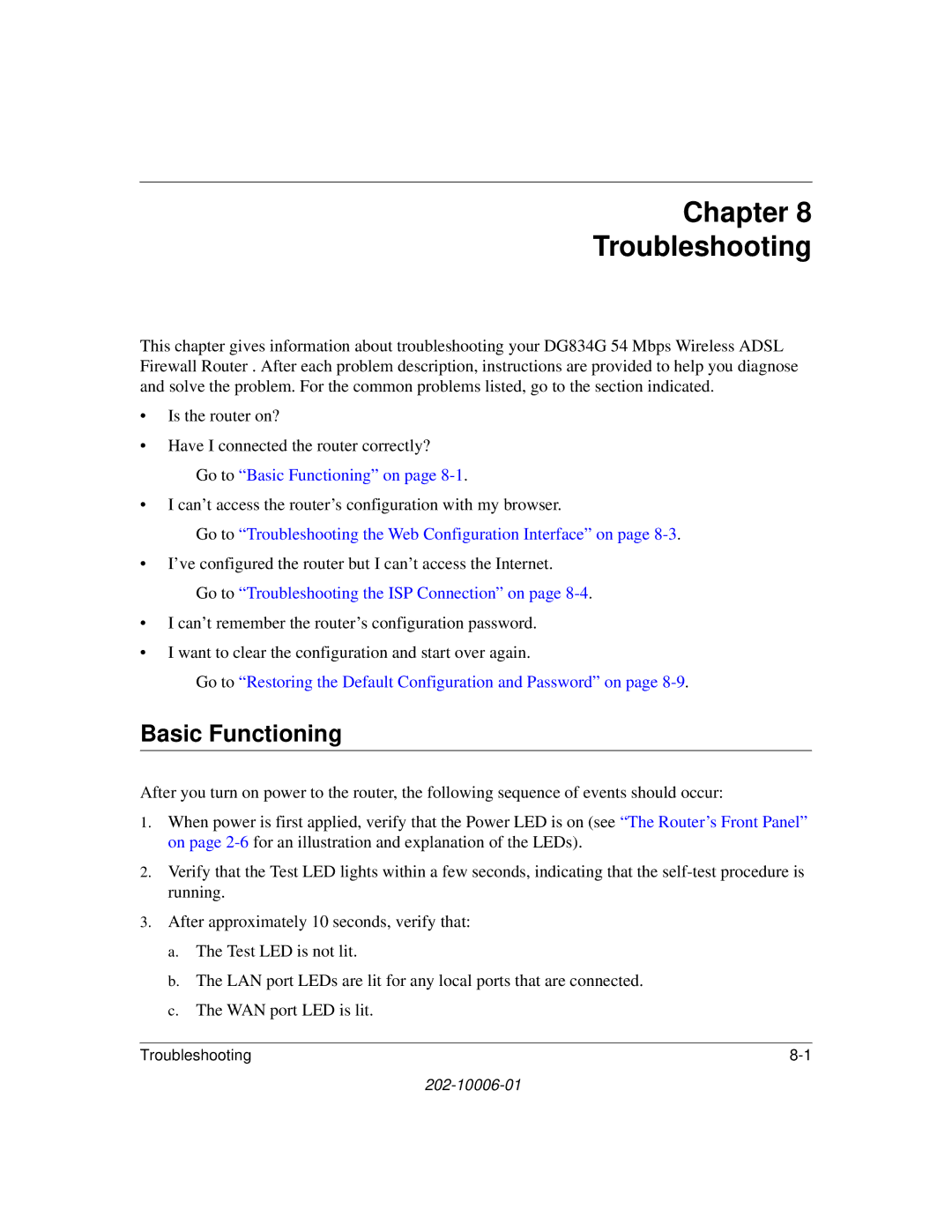 NETGEAR DG834G manual Chapter Troubleshooting, Basic Functioning 