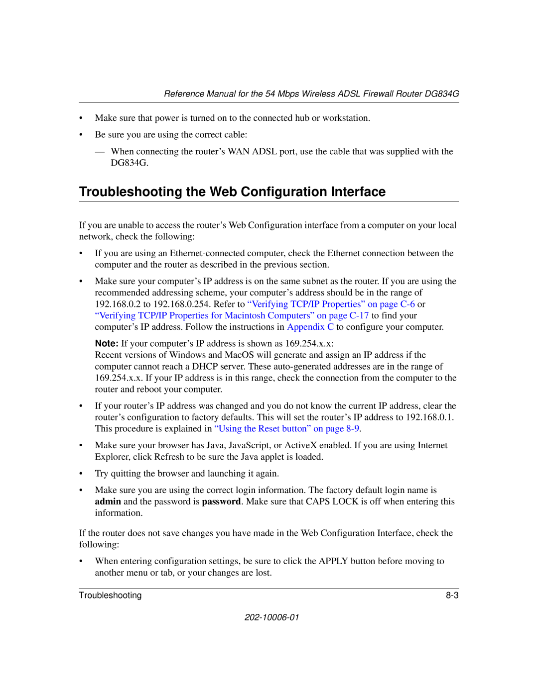 NETGEAR DG834G manual Troubleshooting the Web Configuration Interface 