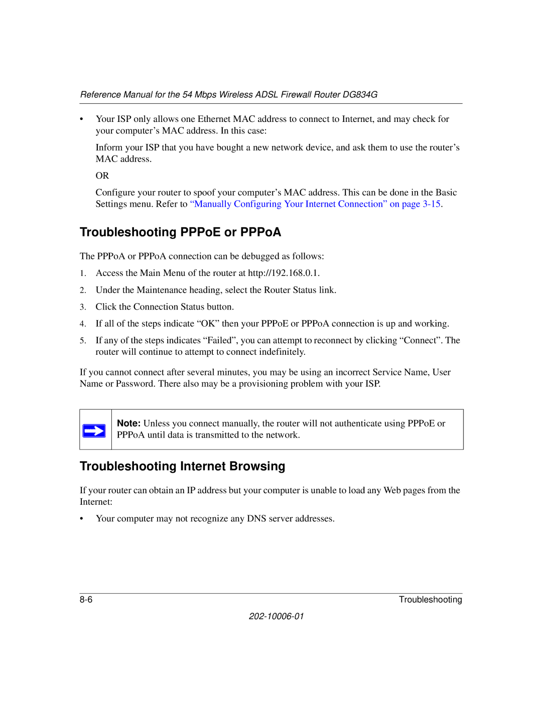 NETGEAR DG834G manual Troubleshooting PPPoE or PPPoA, Troubleshooting Internet Browsing 