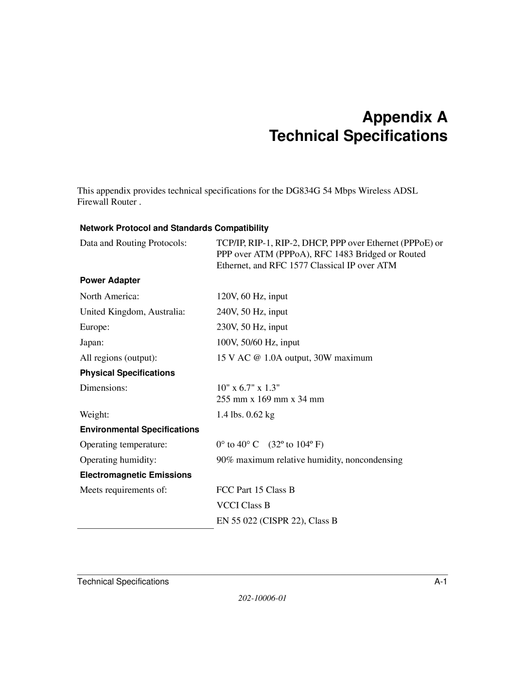 NETGEAR DG834G manual Appendix a Technical Specifications 