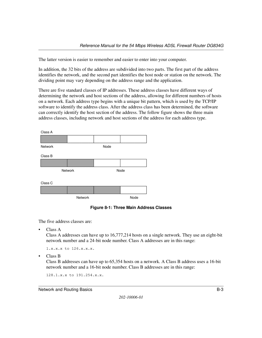 NETGEAR DG834G manual Three Main Address Classes 