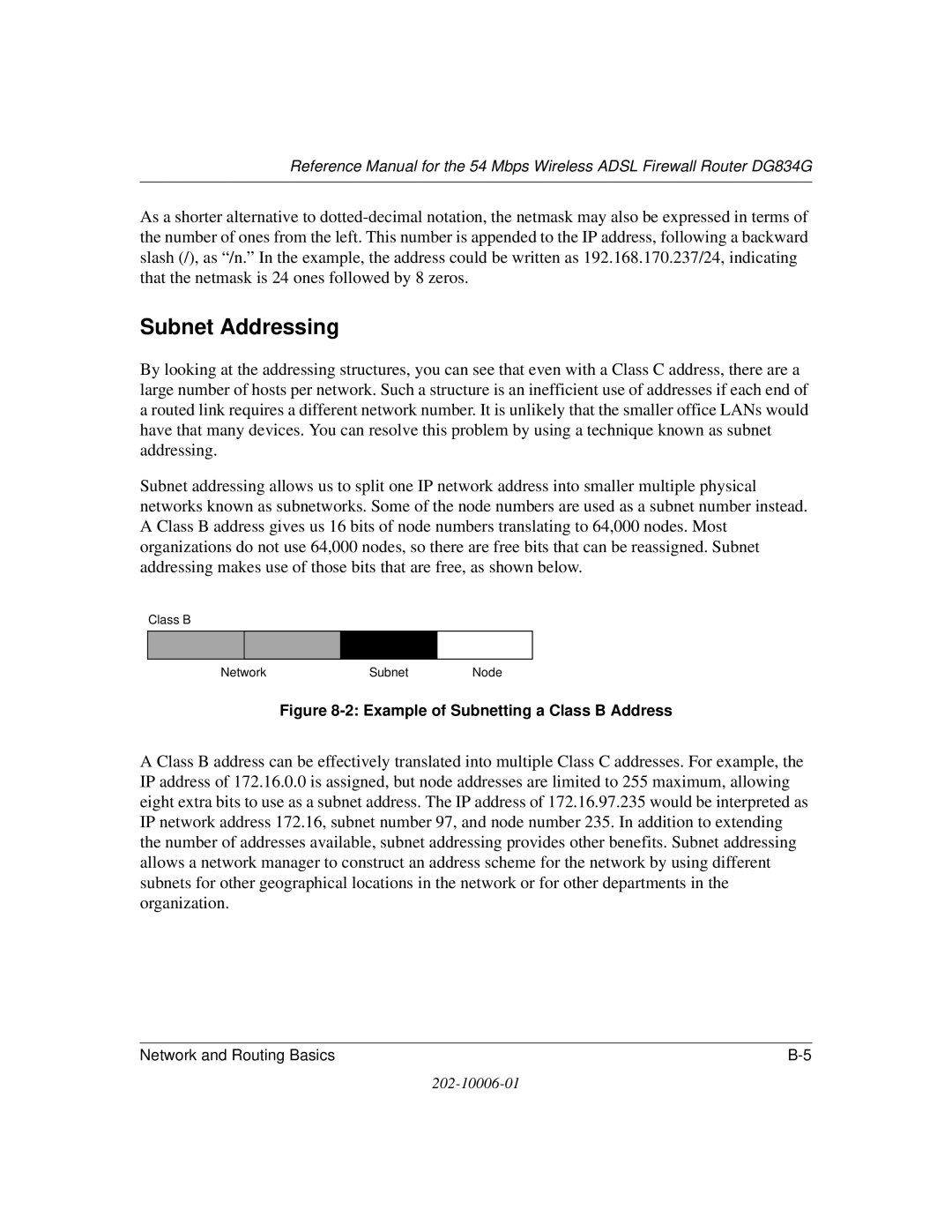 NETGEAR DG834G manual Subnet Addressing, Example of Subnetting a Class B Address 