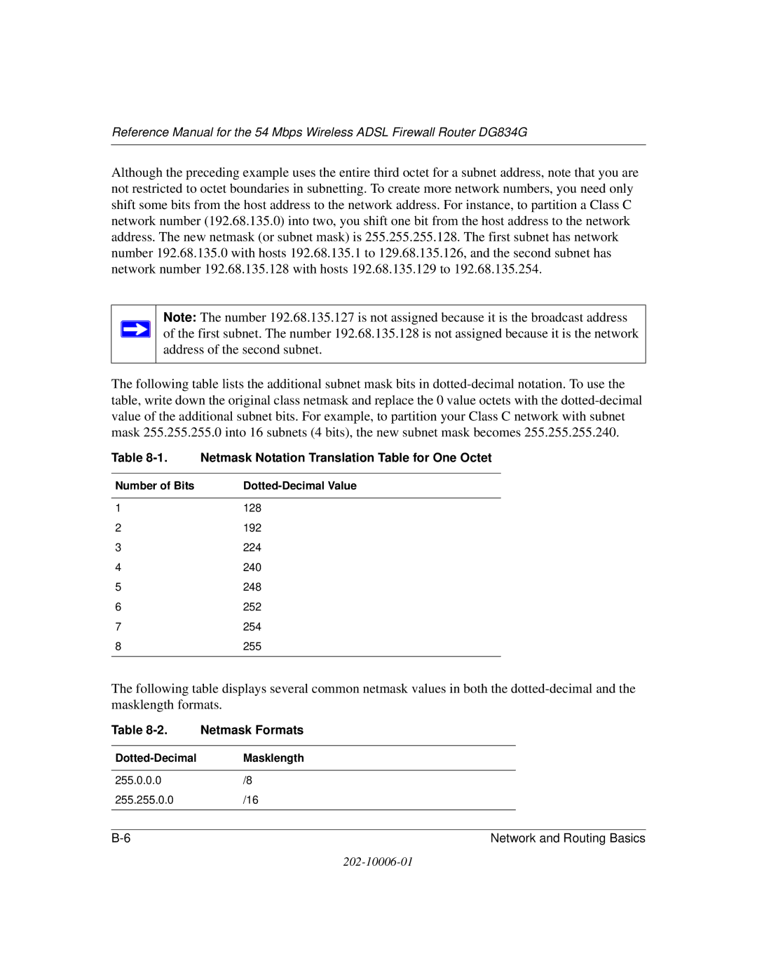 NETGEAR DG834G manual Netmask Notation Translation Table for One Octet 