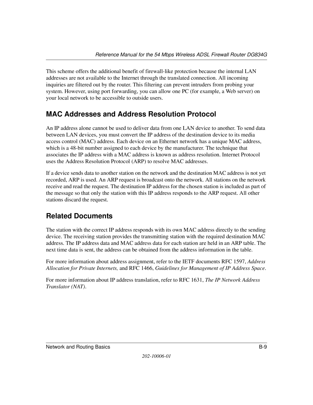 NETGEAR DG834G manual MAC Addresses and Address Resolution Protocol, Related Documents 