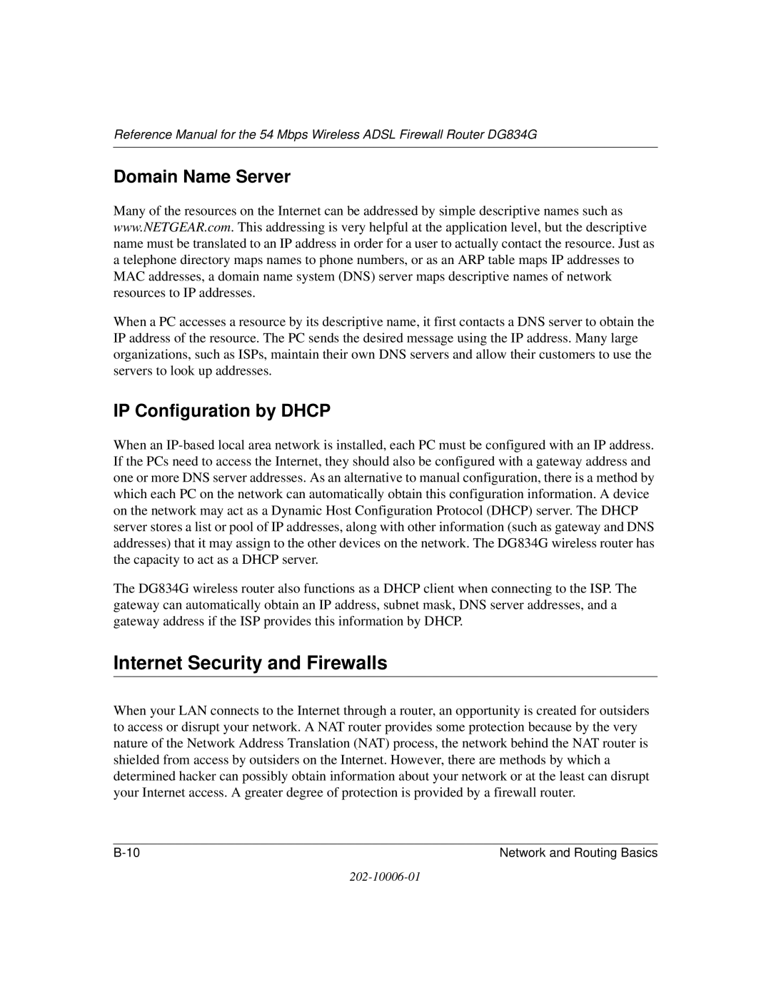 NETGEAR DG834G manual Internet Security and Firewalls, Domain Name Server, IP Configuration by Dhcp 