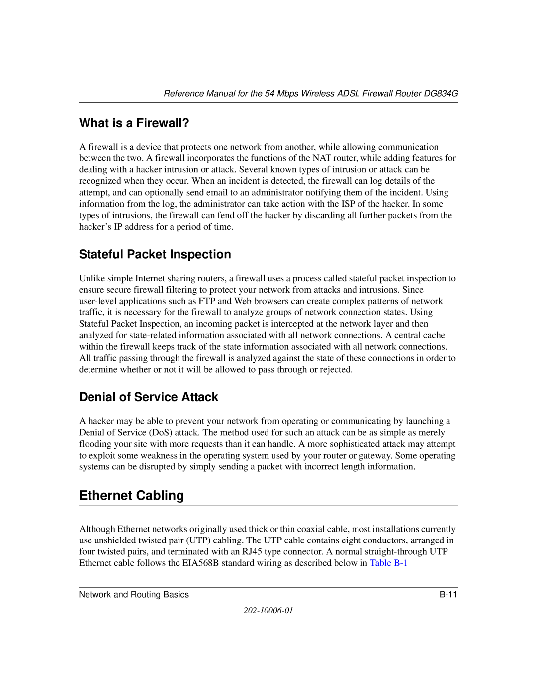 NETGEAR DG834G manual Ethernet Cabling, What is a Firewall?, Stateful Packet Inspection, Denial of Service Attack 