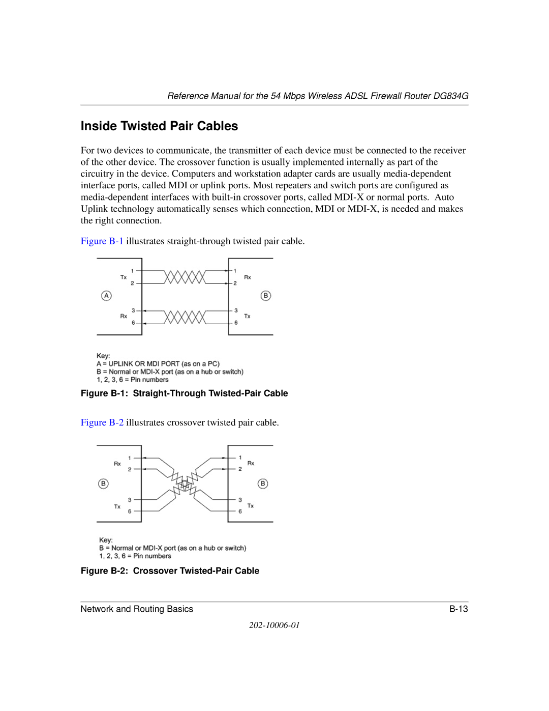 NETGEAR DG834G manual Inside Twisted Pair Cables, Figure B-1illustrates straight-through twisted pair cable 