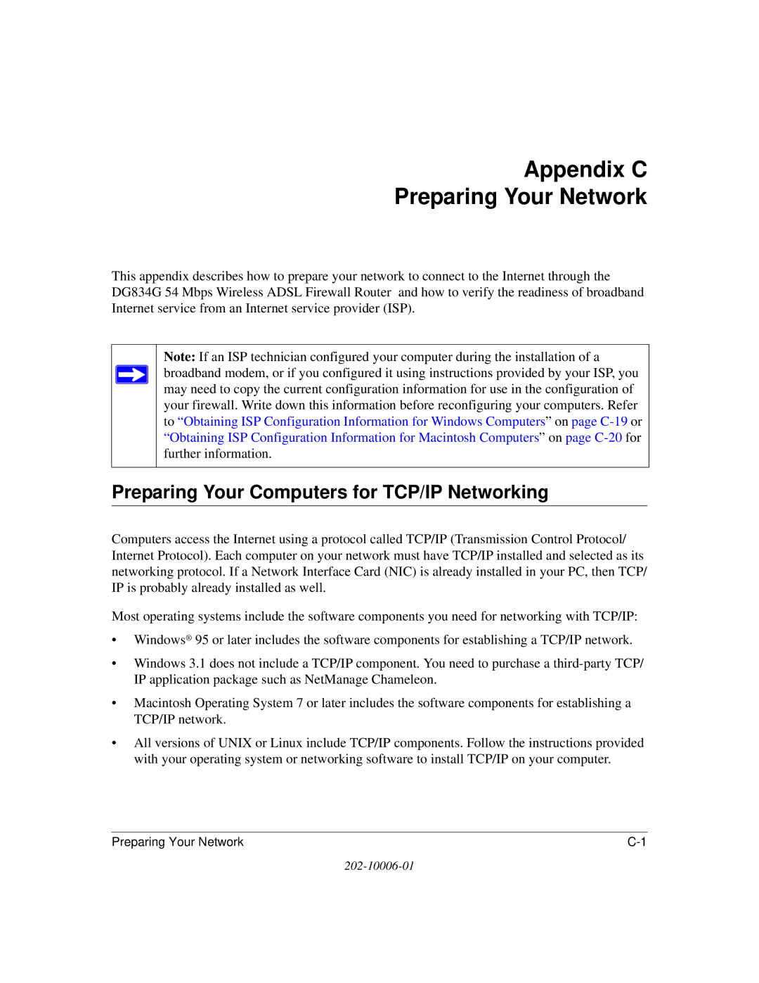 NETGEAR DG834G manual Appendix C Preparing Your Network, Preparing Your Computers for TCP/IP Networking 