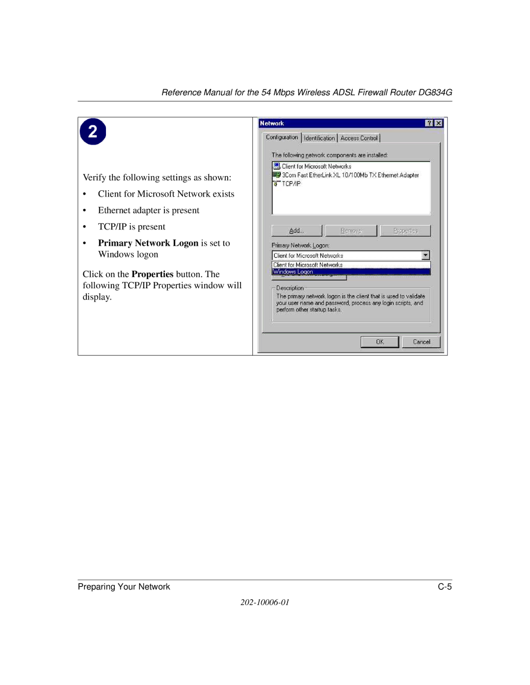 NETGEAR DG834G manual Primary Network Logon is set to Windows logon 