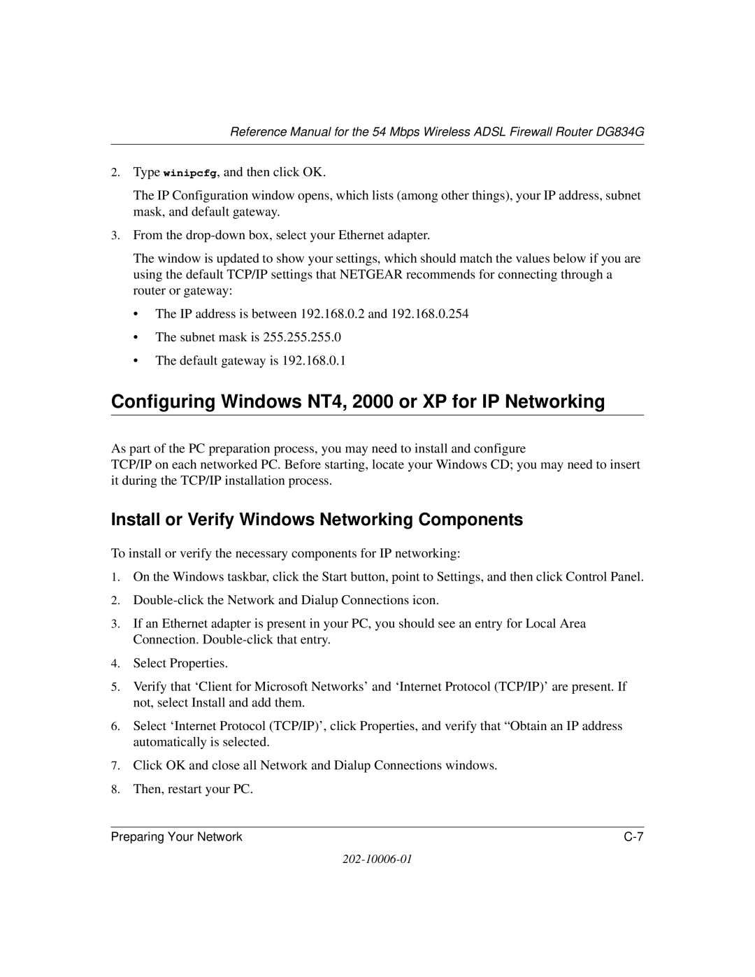 NETGEAR DG834G Configuring Windows NT4, 2000 or XP for IP Networking, Install or Verify Windows Networking Components 