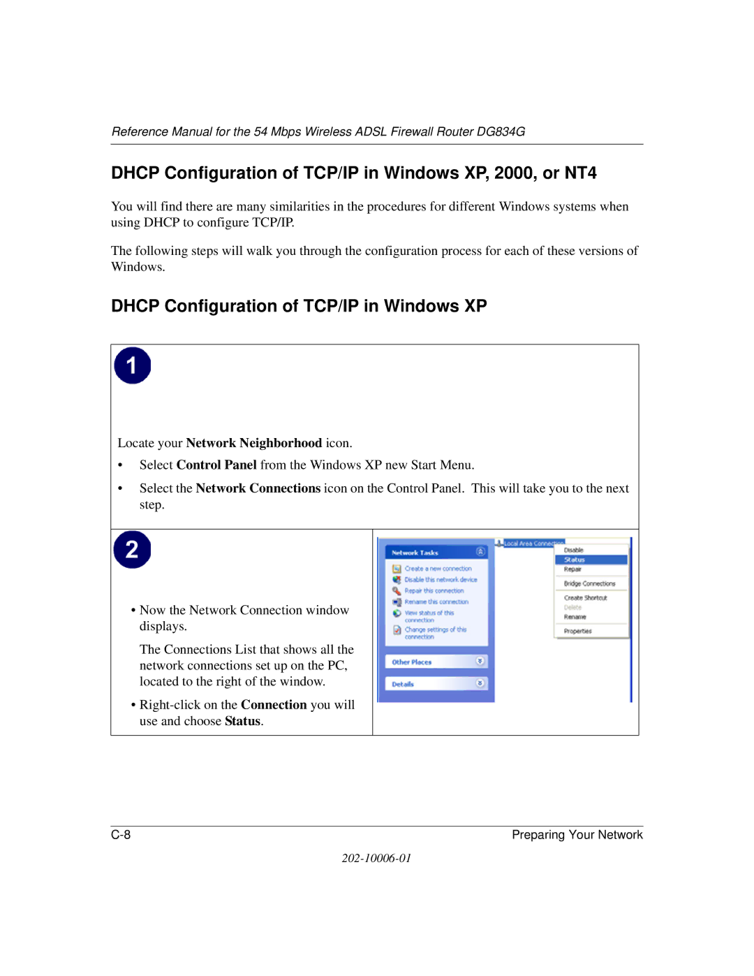 NETGEAR DG834G manual Dhcp Configuration of TCP/IP in Windows XP, 2000, or NT4 