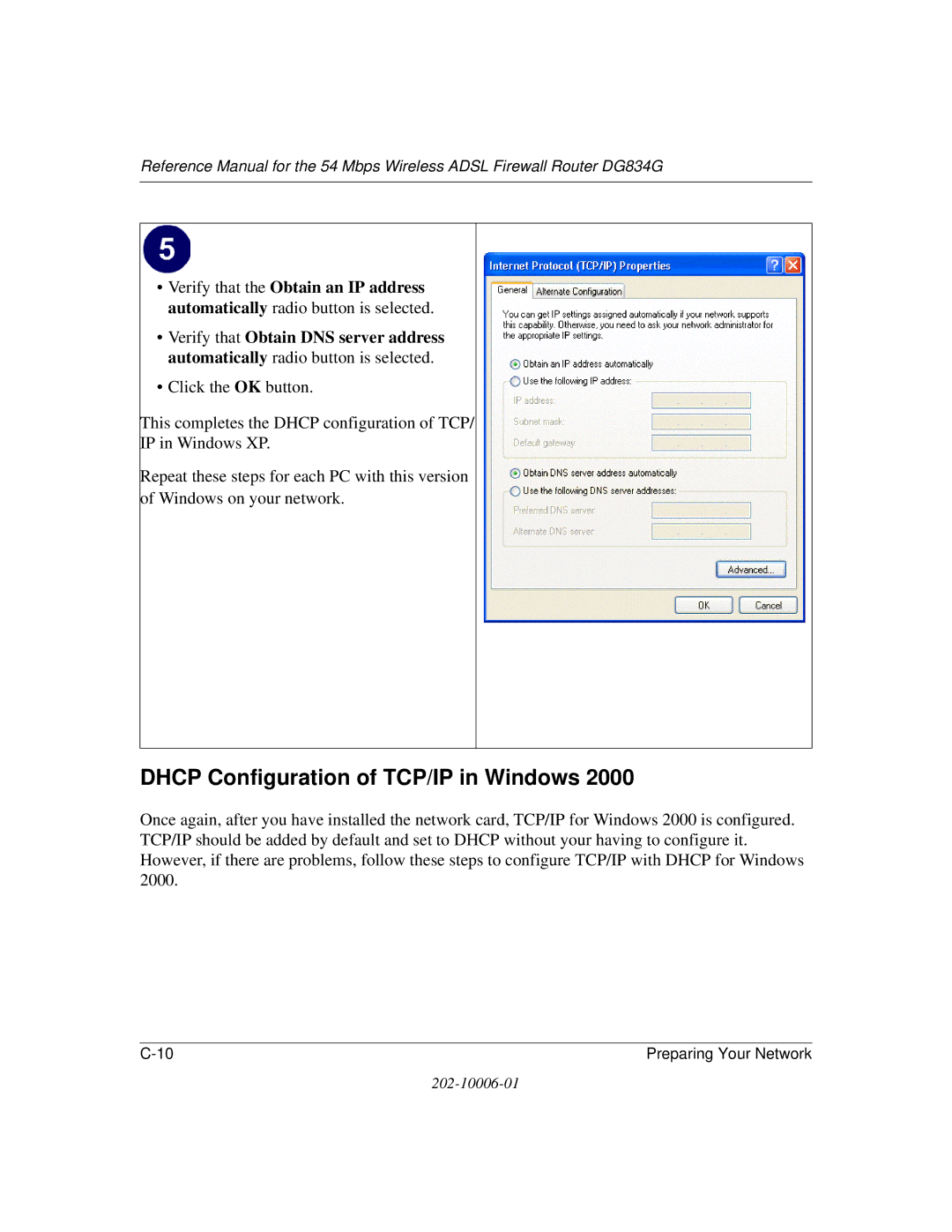 NETGEAR DG834G manual Dhcp Configuration of TCP/IP in Windows 