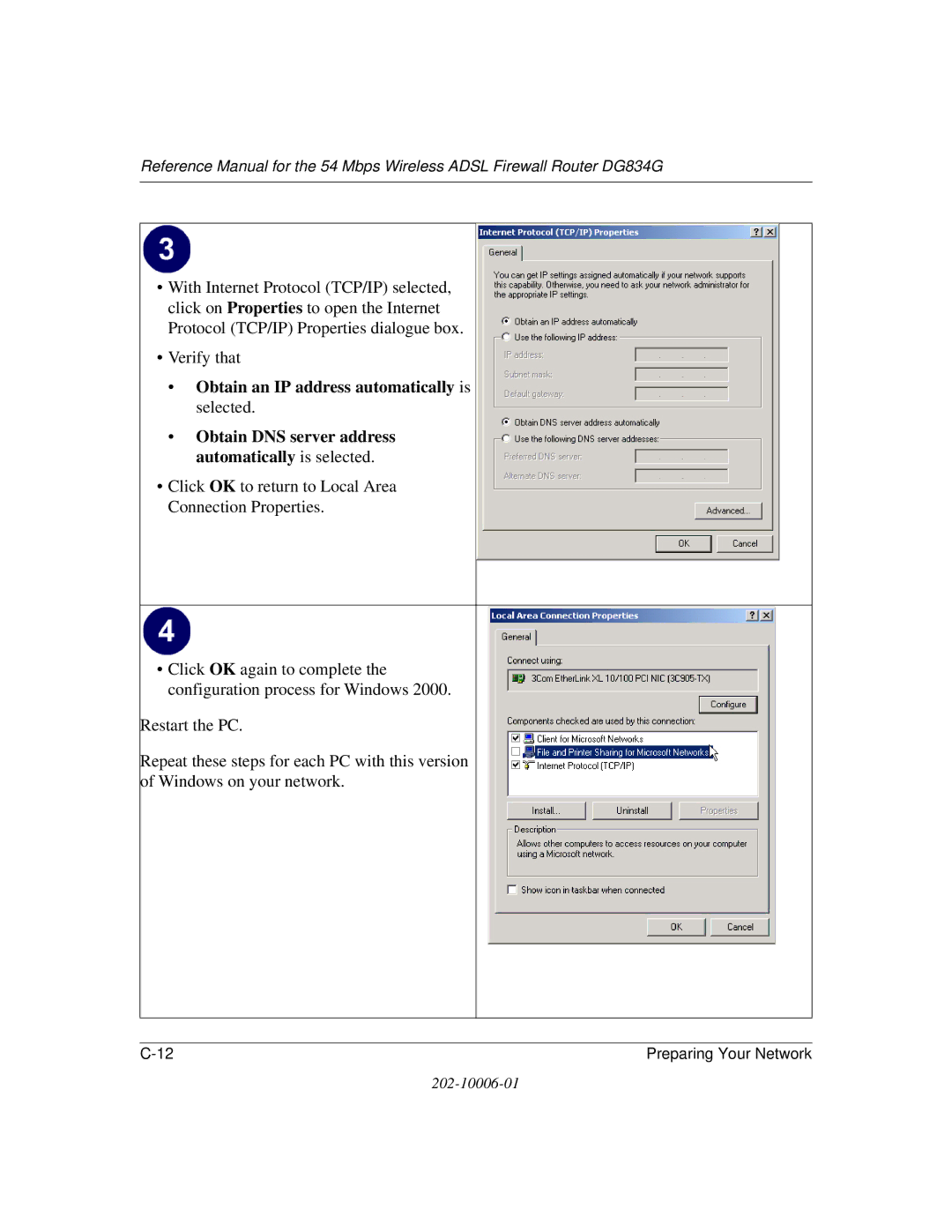 NETGEAR DG834G manual Obtain an IP address automatically is selected 