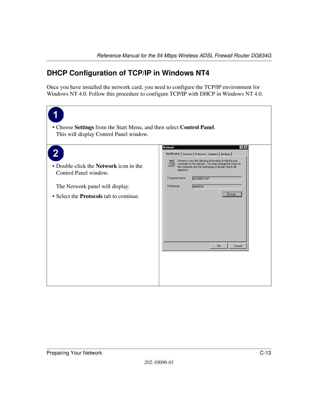 NETGEAR DG834G manual Dhcp Configuration of TCP/IP in Windows NT4 