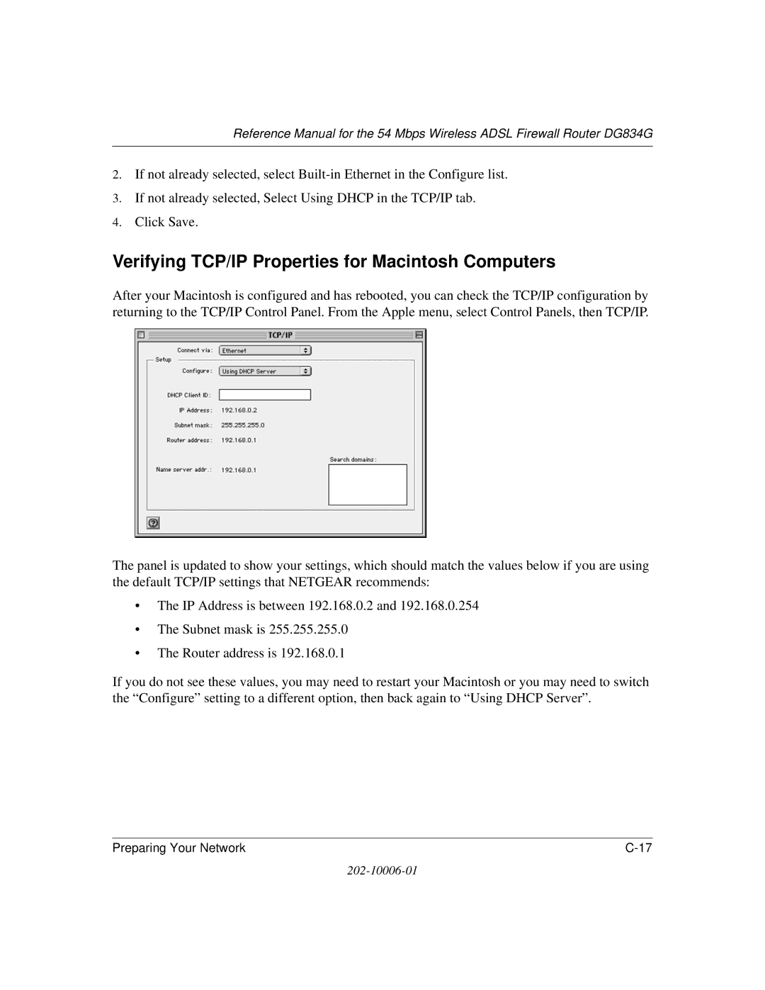 NETGEAR DG834G manual Verifying TCP/IP Properties for Macintosh Computers 