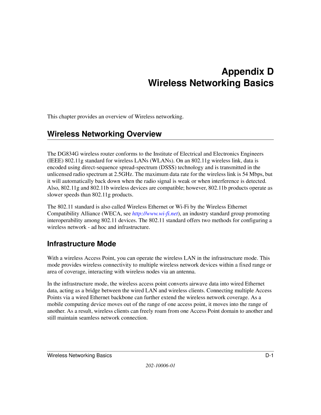 NETGEAR DG834G manual Appendix D Wireless Networking Basics, Wireless Networking Overview, Infrastructure Mode 