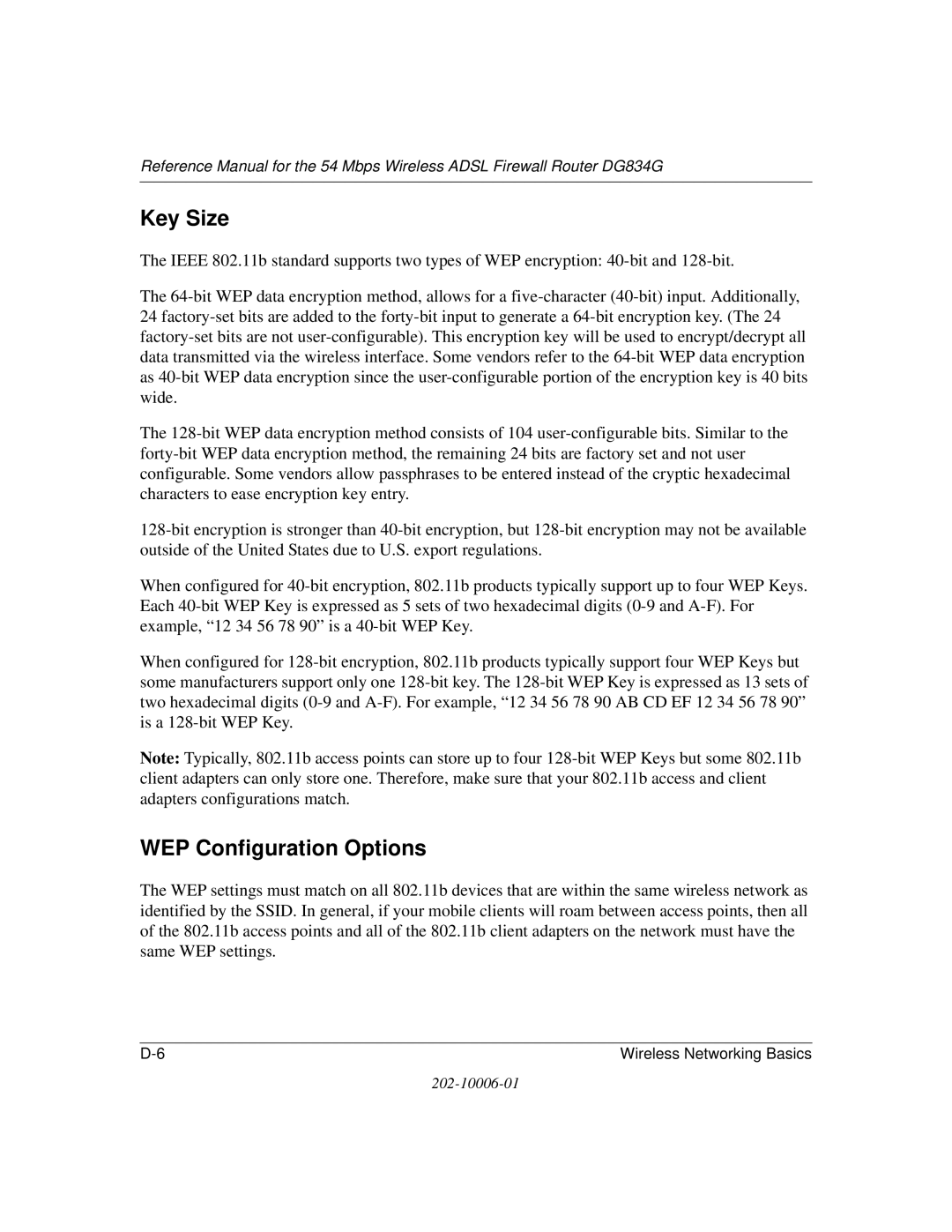 NETGEAR DG834G manual Key Size, WEP Configuration Options 