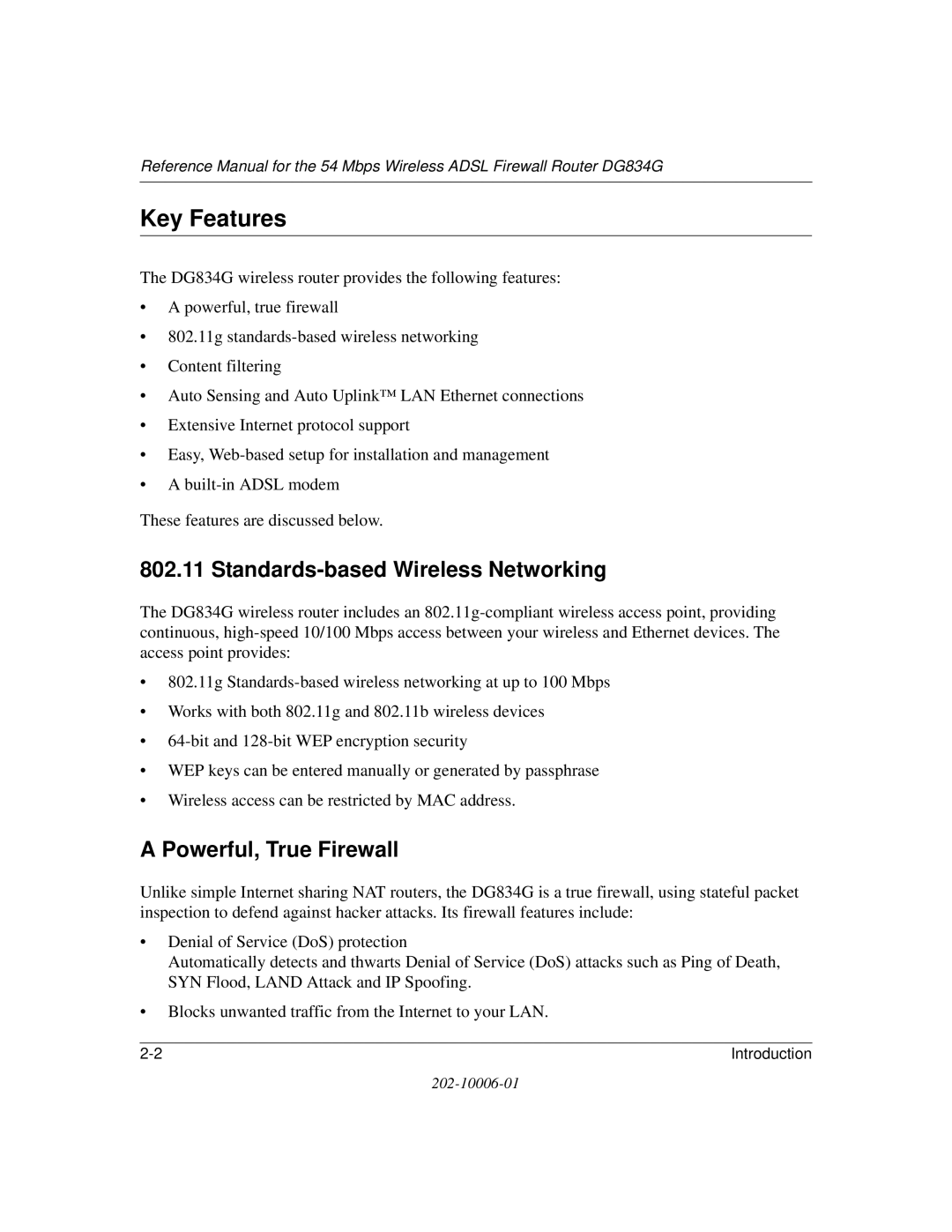 NETGEAR DG834G manual Key Features, Standards-based Wireless Networking, Powerful, True Firewall 