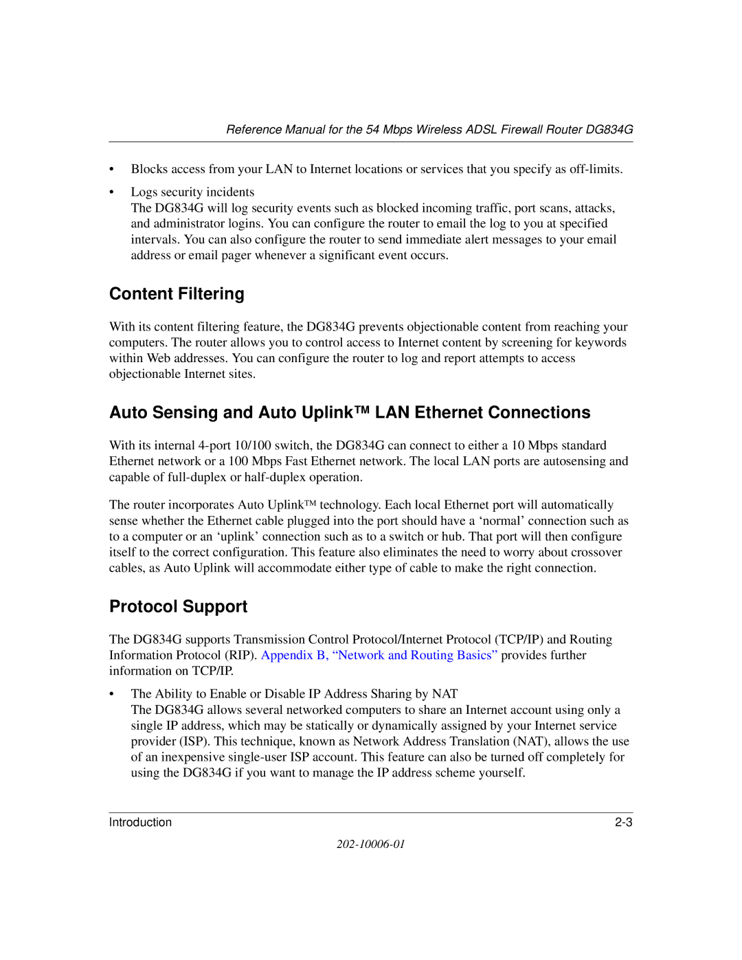 NETGEAR DG834G manual Content Filtering, Auto Sensing and Auto Uplink LAN Ethernet Connections, Protocol Support 