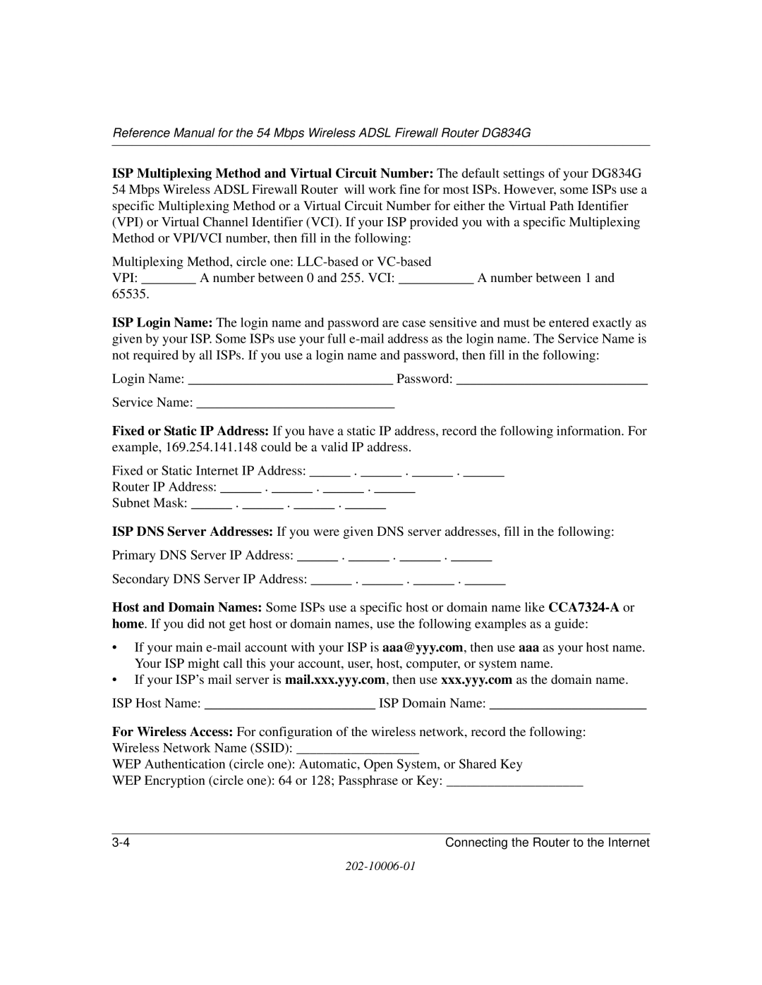 NETGEAR DG834G manual Connecting the Router to the Internet 