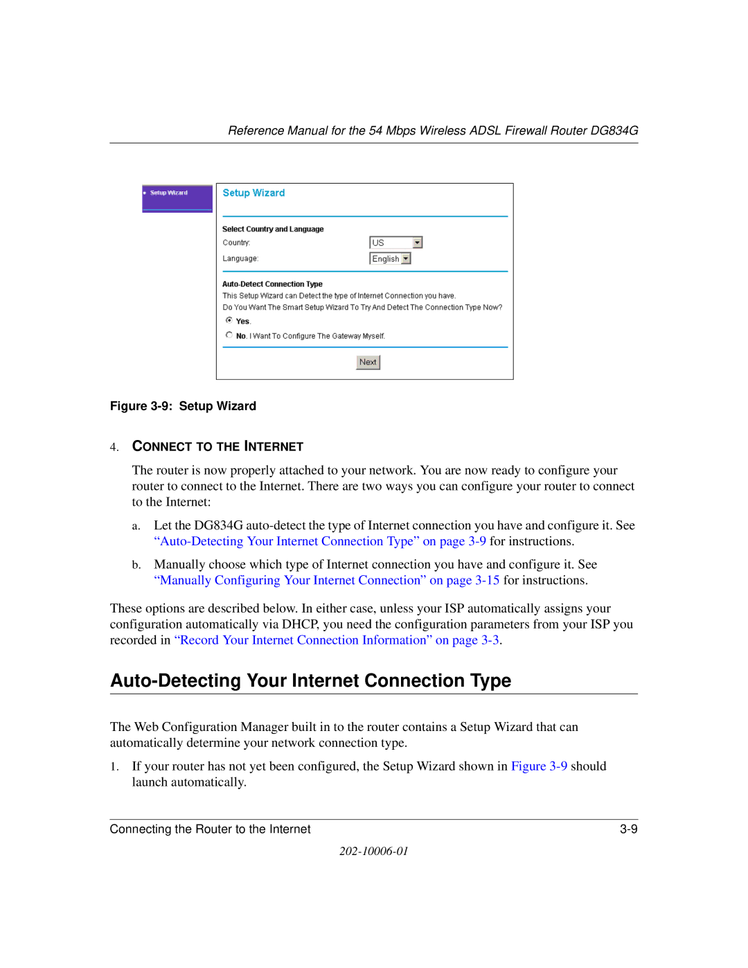 NETGEAR DG834G manual Auto-Detecting Your Internet Connection Type, Setup Wizard 