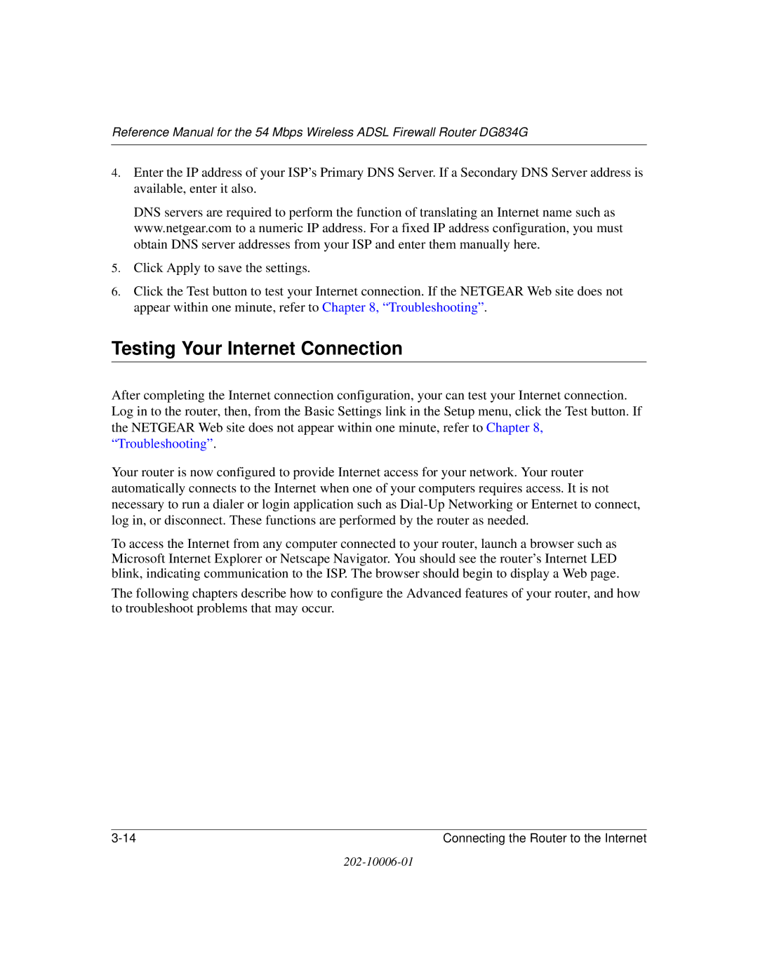 NETGEAR DG834G manual Testing Your Internet Connection 