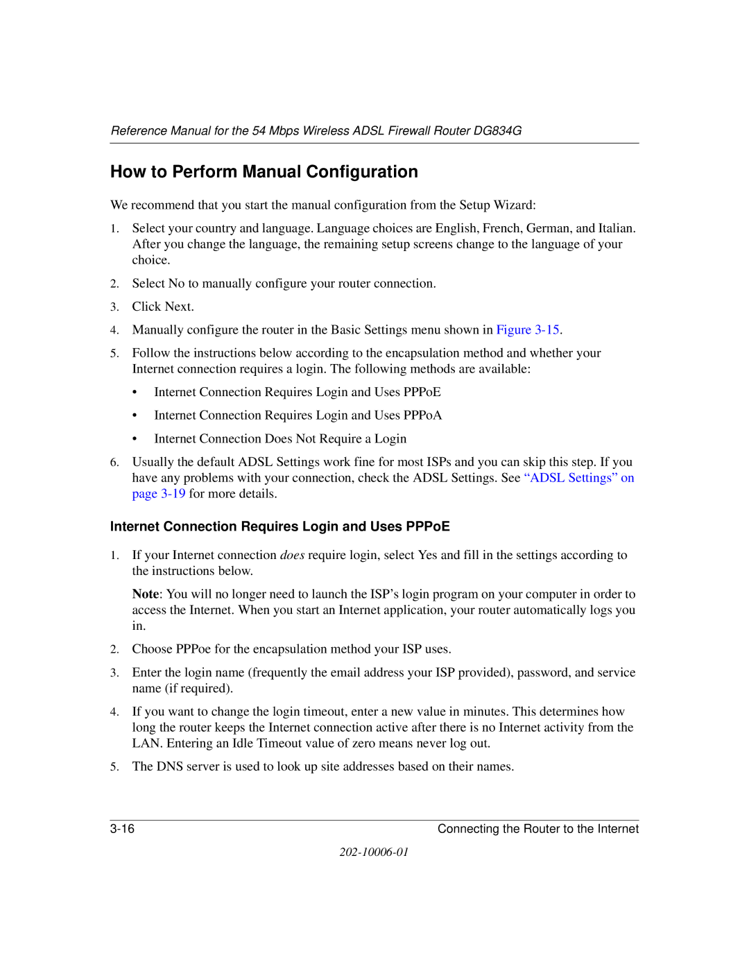 NETGEAR DG834G manual How to Perform Manual Configuration, Internet Connection Requires Login and Uses PPPoE 