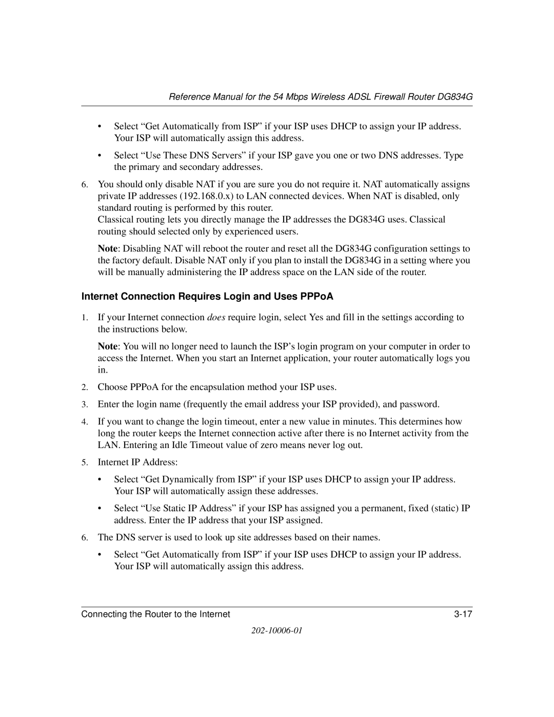 NETGEAR DG834G manual Internet Connection Requires Login and Uses PPPoA 