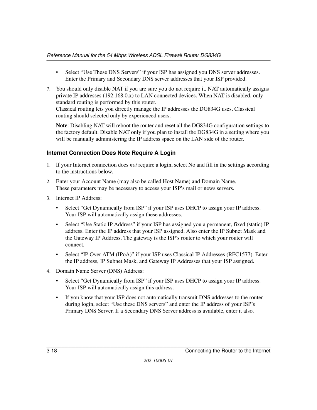 NETGEAR DG834G manual Internet Connection Does Note Require a Login 