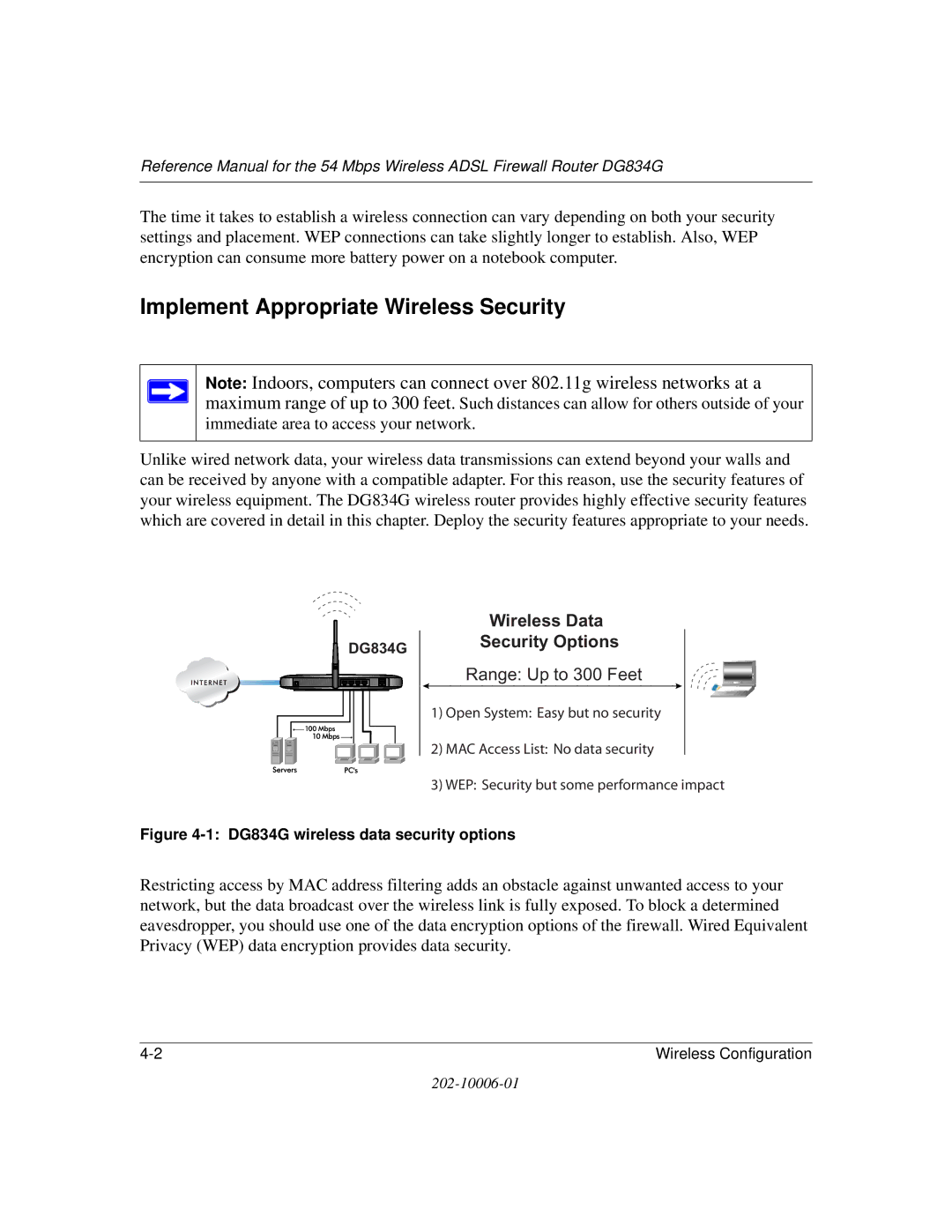 NETGEAR manual Implement Appropriate Wireless Security, DG834G wireless data security options 